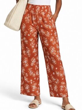 Boho Floral Womens Wide Leg Pants Rust Size Medium Summer NWT